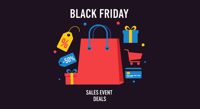 Black Friday sale banner illustration with shopping bag price tags and gifts Great deals concept