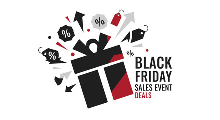 Black Friday sales event graphic with exploding gift box and discount tags