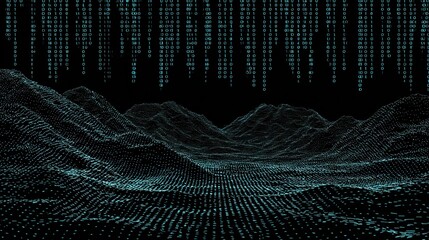 Futuristic digital landscape with binary code falling and pixelated terrain in a high-tech cyber environment