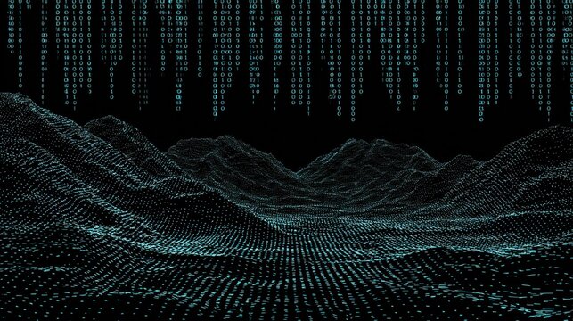 Futuristic digital landscape with binary code falling and pixelated terrain in a high-tech cyber environment