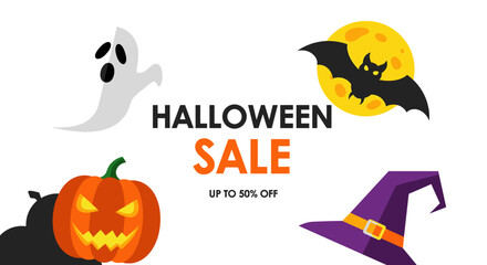 Halloween sale banner flat design symbols including ghost pumpkin bat and witch hat