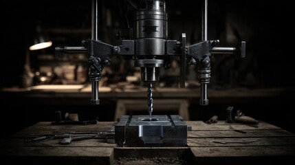 Industrial Drill Press with Metal Workpieces on Wood Table in Dimly Lit Workshop Environment