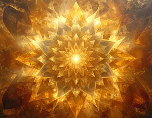 Shimmering golden fractal design with radiating light and geometric patterns
