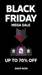 Naklejka premium Black Friday Mega Sale graphic with up to 70 off shopping bags and a downward arrow