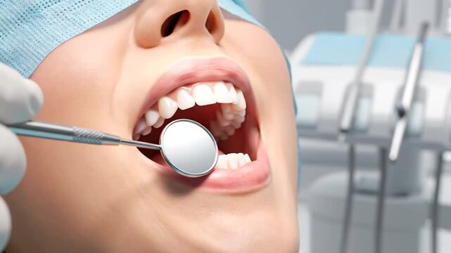 Dental Checkup Close Up of Female Patient with Open Mouth Examined by Dentist Using Mirror in a Brightly Lit Clinic Oral Hygiene Teeth Whitening and Health Promotion 198 Characters