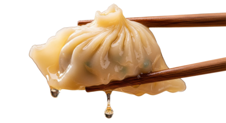 Authentic Chinese soup dumpling (Xiao Long Bao) held by chopsticks dripping broth, gourmet food concept isolated PNG with Transparent Background