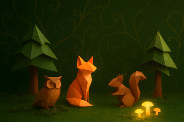 Whimsical Origami Forest Scene with Animals and Glowing Mushrooms