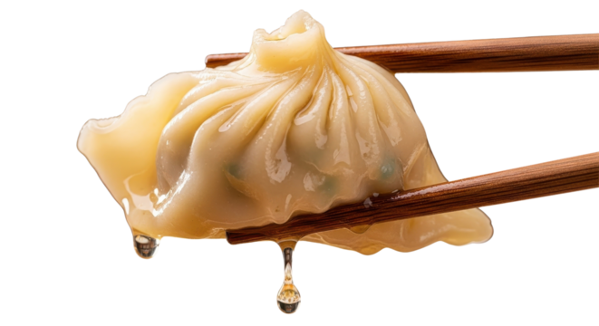 Authentic Chinese soup dumpling (Xiao Long Bao) held by chopsticks dripping broth, gourmet food concept isolated PNG with Transparent Background