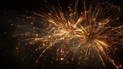 Fototapeta premium Golden Fireworks Exploding With Bright Starburst Light Rays And Sparkling Particles On Dark Background Celebration
