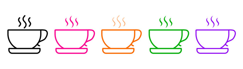 Set of minimalist steaming cup icons with transparent background, depicting outline symbols for coffee, tea, cafe menus, and hot drinks, vector illustration