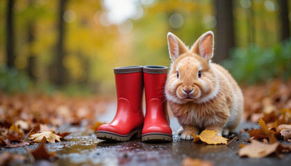 Fluffy rabbit peeking from red boots in rainy forest, autumn charm
