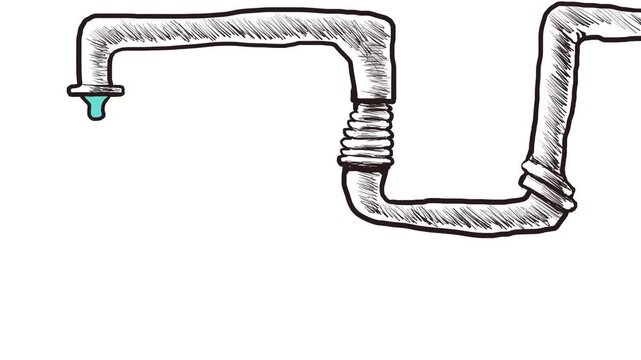 Animation of a winding water pipe with a drop of water dripping from it.
