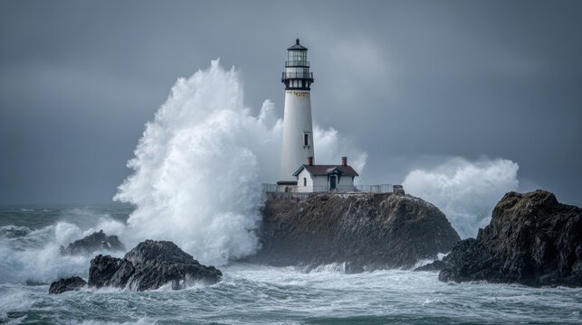 A lighthouse is on a rocky shoreline, with the waves crashing against the rocks. The lighthouse is surrounded by water and rocks, and the waves are high and powerful. The scene is dramatic and intense - Powered by Adobe