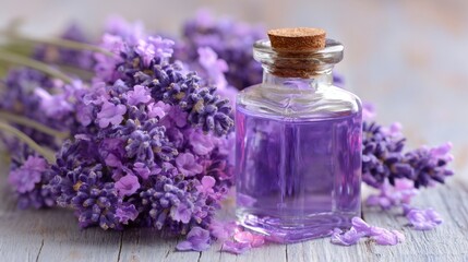 A bottle of lavender essential oil sits on a table next to purple flowers. The bottle is clear and has a cork stopper. The flowers are purple and arranged in a vase