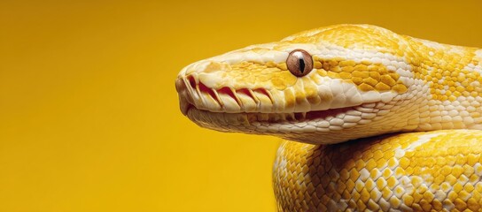 Fototapeta premium Golden Python Portrait: The image showcases a stunning golden python, its scales shimmering against a vibrant yellow backdrop, captivating the viewer with its unique beauty and striking presence.