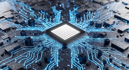 Advanced microchip processor with glowing blue circuits futuristic technology concept