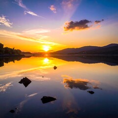 Golden Hour Reflections - Serene Lake at Sunset.