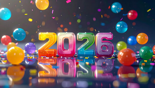 Festive 2026 numbers illuminated with vibrant colors, surrounded by floating balloons and falling confetti, creating a celebratory atmosphere.