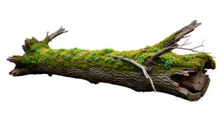 Moss covered fallen tree trunk isolated on transparent background