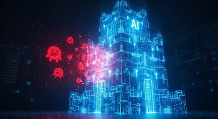 Glowing blue AI fortress defends against red virus attack in cyberspace, highlighting cybersecurity and digital protection against threats.