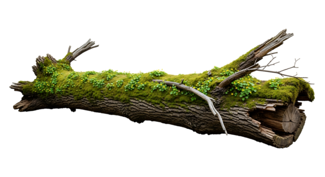 Moss covered fallen tree trunk isolated on transparent background