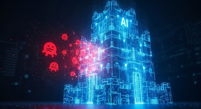 Glowing blue AI fortress defends against red virus attack in cyberspace, highlighting cybersecurity and digital protection against threats. - Powered by Adobe