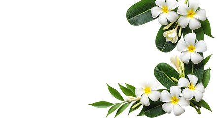 White plumeria flowers and green leaves forming a corner border isolated on transparent background