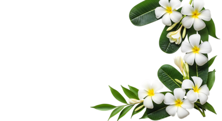 White plumeria flowers and green leaves forming a corner border isolated on transparent background
