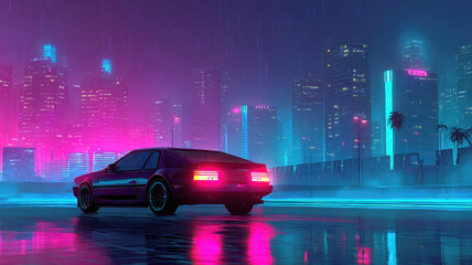 Sports Car Silhouette On Wet Road With Neon Cyberpunk City Palm Trees Synthwave Purple Pink Atmosphere