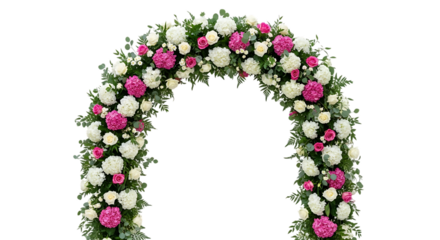 Archway decorated with pink and white flowers isolated on transparent background