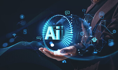 Futuristic AI concept with holographic interface elements emerging from a human hand on dark background surrounded by digital tech symbols and network nodes.