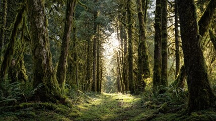 Obraz premium A serene forest path surrounded by towering trees covered in moss. Sunlight filters through the leaves creating a peaceful ambiance in the Pacific Northwest.