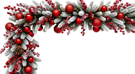 Festive christmas garland with red ornaments and pine cones isolated on transparent background