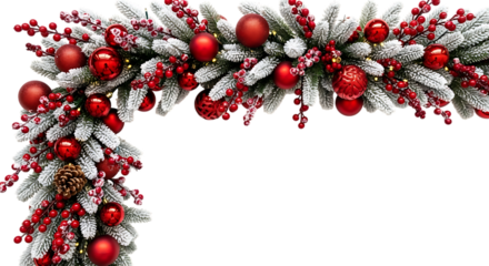 Festive christmas garland with red ornaments and pine cones isolated on transparent background