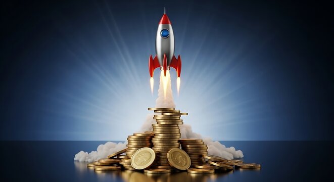 Retro rocket ship blasting off from a towering stack of golden coins symbolizing financial growth and investment success