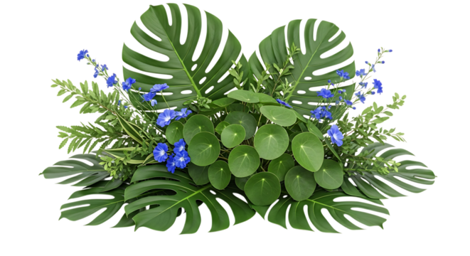 Tropical green plant arrangement with small blue flowers isolated on transparent background