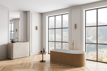 Modern minimalist bathroom interior with wood bathtub, large windows, and brass fixtures in bright natural light setting. 3D Rendering
