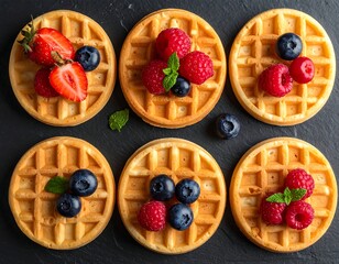 Six golden waffles, each topped with fresh berries and sprigs of mint