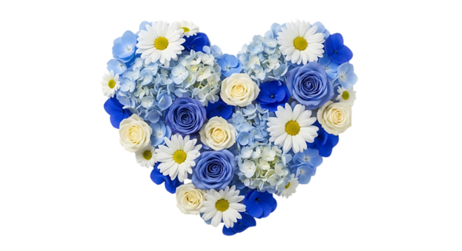 Heart shaped floral arrangement of blue and white flowers isolated on transparent background