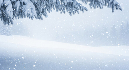 Snowfall in winter forest.Beautiful landscape with snow covered fir trees and snowdrifts.Merry Christmas and happy New Year greeting background with copy-space.Winter fairytale