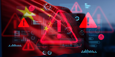 Warning signs and data alerts over Chinese flag with futuristic holographic interface and digital graphics on technology concept background screen. 3D Rendering
