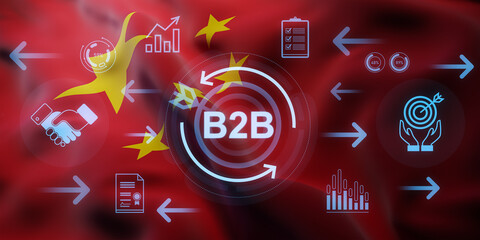 B2B business concept with digital hologram icons and arrows on waving China flag background representing trade and partnership strategy concepts. 3D Rendering