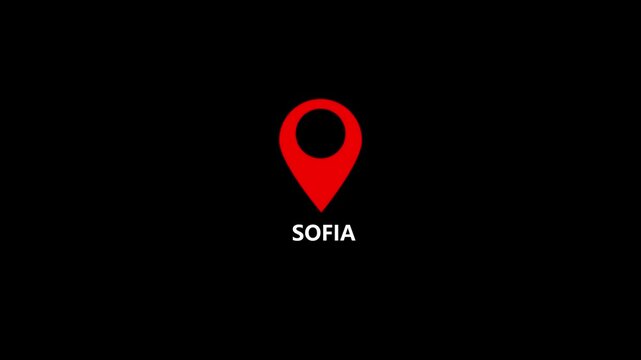 location of the city of Sofia ,the name of the place with the location has been displayed, sign animated with alpha channel 4k video GPS location tracking icon .