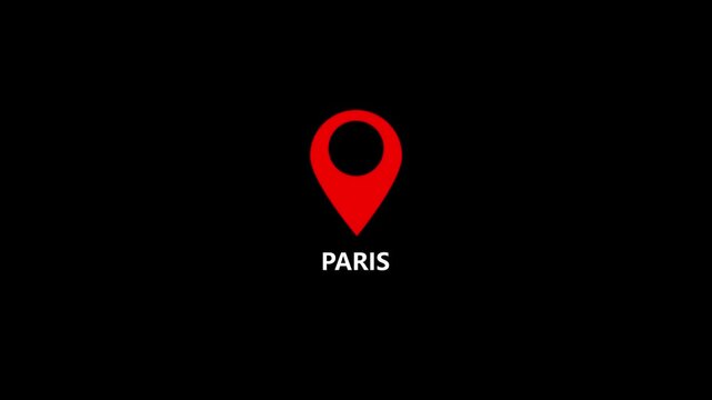 location of the city of Paris ,the name of the place with the location has been displayed, sign animated with alpha channel 4k video GPS location tracking icon .