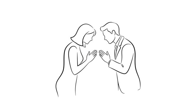 Line art illustration showcasing a respectful bow between a man and a woman