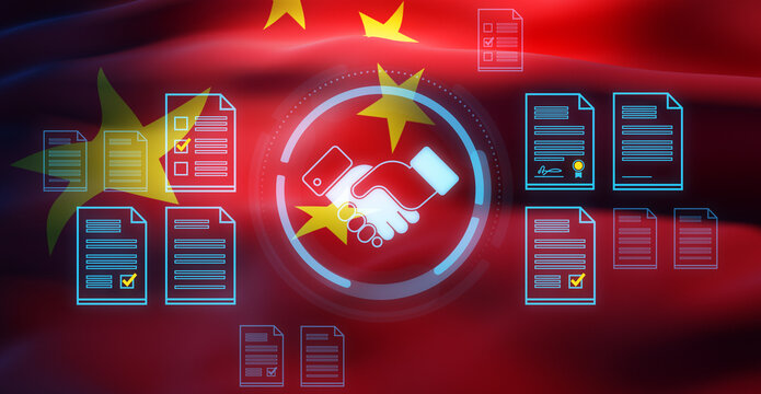Digital handshake and documents over Chinese flag background symbolizing international agreement and cooperation concept in technology and trade. 3D Rendering