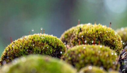 Fototapeta premium Lush Green Moss Cushions with Dew Drops Macro Photography