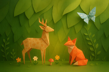 Origami Deer and Fox in Leafy Forest with Butterfly and Mushroom