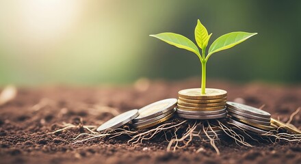 A young green plant sprouts from a pile of coins symbolizing financial growth and investment success in a natural setting