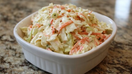 Shredded cabbage and carrots are mixed together in a creamy dressing creating a fresh coleslaw dish. This healthy side is perfect for summer meals or picnics.